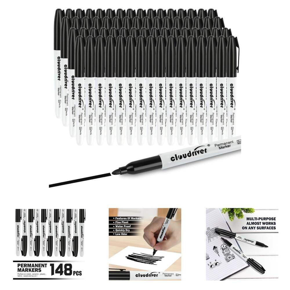 Permanent Markers Set 148 Pack Fine Point Black Waterproof Quick Drying